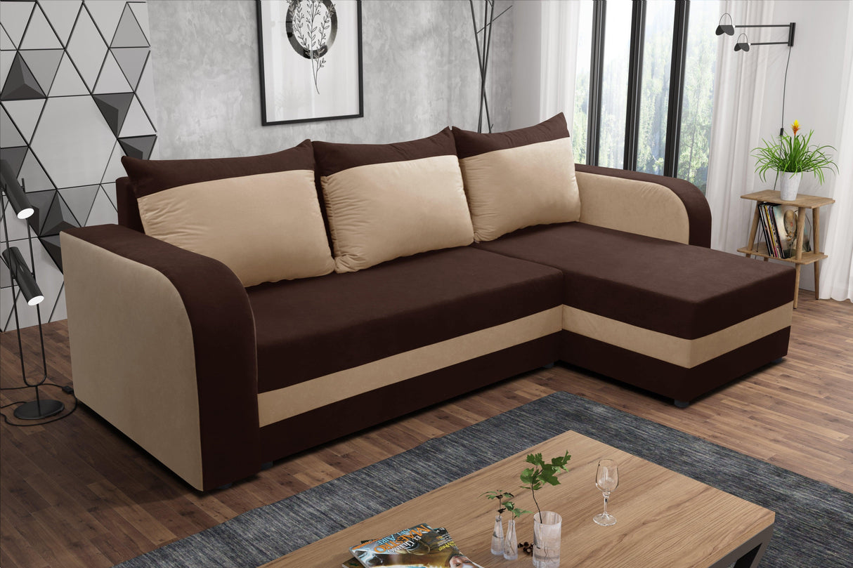 Sofa narożna rozkładana ALEXA BRĄZ / BEŻ 238cm uniwersalna PRAWA/LEWA NAROŻNIK / PIANKA