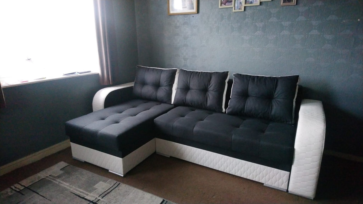 ECKSOFA BETT SAM GRAU / WEISS 236CM 2X STAURAUM UNIVERSAL RECHTE/LINKE ECKE / BONELLFEDERN + SCHAUMSTOFF