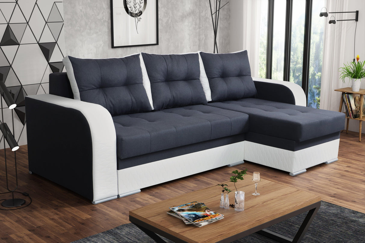 ECKSOFA BETT SAM GRAU / WEISS 236CM 2X STAURAUM UNIVERSAL RECHTE/LINKE ECKE / BONELLFEDERN + SCHAUMSTOFF
