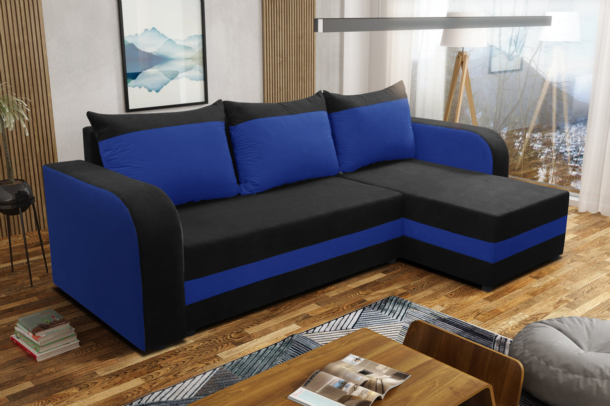 Sofa narożna rozkładana ALEXA czarno/niebieska 238cm uniwersalna narożna prawa/lewa / pianka
