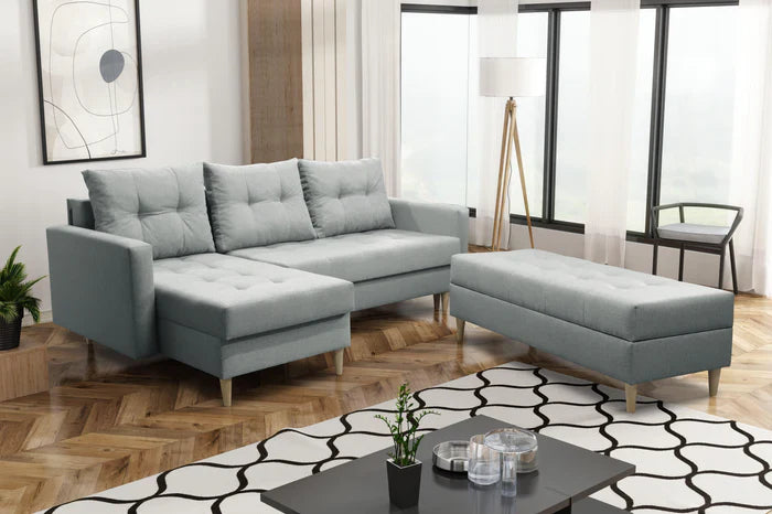 ECKSOFA BETT BRIAN 222CM + STAURAUM HOCKER / OTTOMANE MALMÖ 72 UNIVERSAL RECHTE/LINKE ECKE / BONELLFEDERN + SCHAUMSTOFF