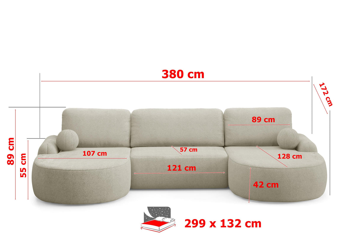 Sofa narożna rozkładana LUNA U 380cm uniwersalna prawa/lewa strona narożna / pianka tkanina odporna na plamy