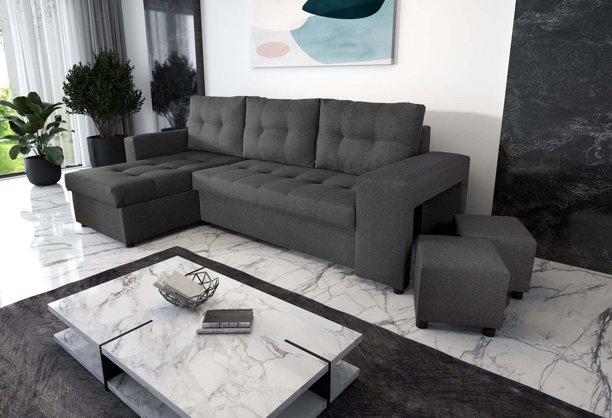 ECKSOFA BETT LEON 255CM 2X STAURAUM UNIVERSALE ECKE RECHTS/LINKS ECKE / BONELLFEDERN + SCHAUMSTOFF