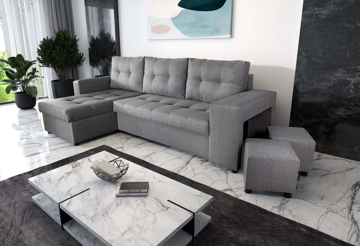 ECKSOFA BETT LEON 255CM 2X STAURAUM UNIVERSALE ECKE RECHTS/LINKS ECKE / BONELLFEDERN + SCHAUMSTOFF