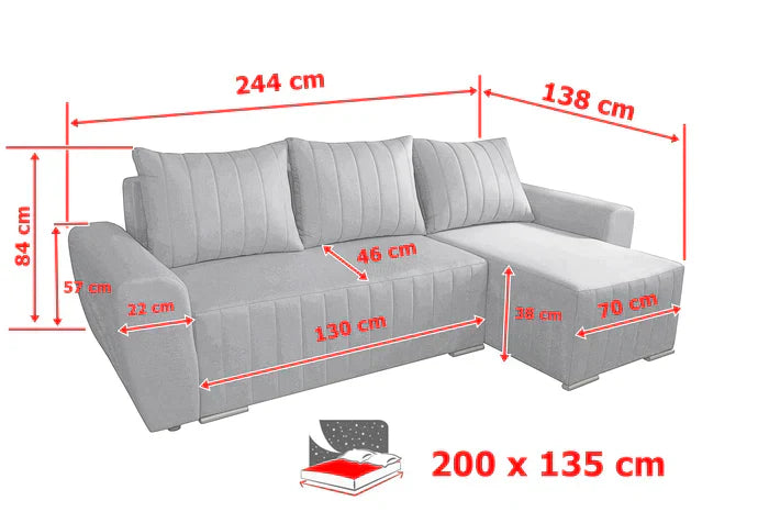 Sofa narożna rozkładana MALIBU 248CM MALMO 08 / UNIWERSALNA PRAWA/LEWA / PIANKA