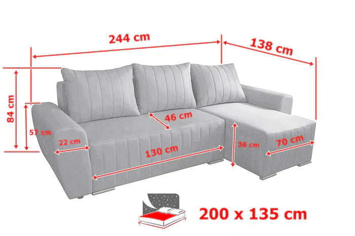 Sofa narożna rozkładana MALIBU 248CM MALMO 16 / UNIWERSALNA PRAWA/LEWA / PIANKA