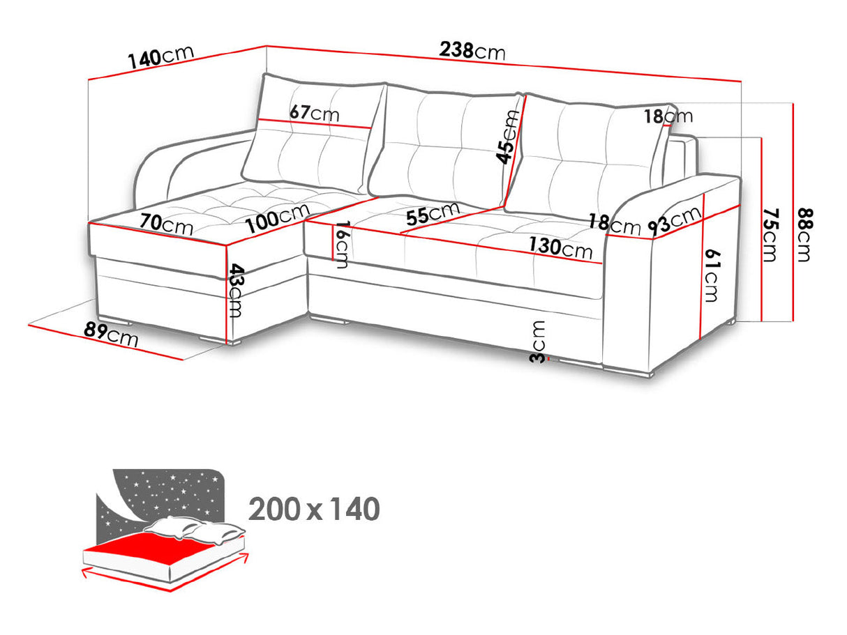 ECKSOFA BETT SAM BROWN BERLIN 03 / W55 236CM 2X STAURAUM universal RECHTE/LINKE ECKE / BONELLFEDERN + SCHAUMSTOFF