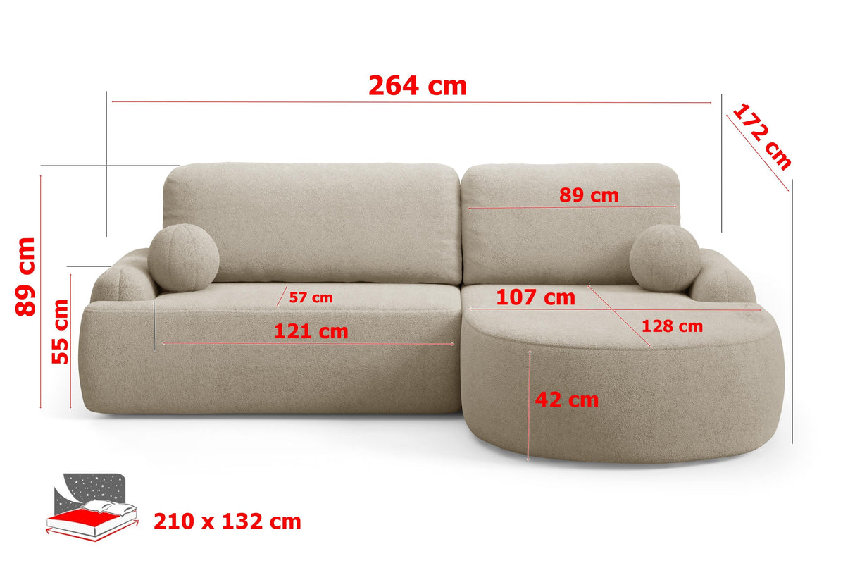 ROHOVÁ ROZKLÁDACÍ POHOVKA LUNA 264CM univerzální PRAVÝ/LEVÝ ROH / LÁTKA ODOLNÁ PROTI SKVRNÁM PĚNA