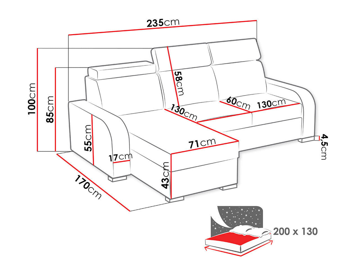 UNIWERSALNA ROZKŁADANA SOFA NAROŻNA ASTEE 235CM ŁATWA W CZYSZCZENIU TKANINA REGULOWANY ZAGŁÓWEK WYBÓR KOLORÓW/SPRĘŻYN + PIANKA