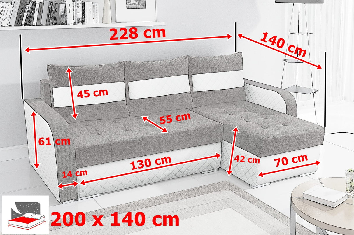 Sofa narożna z funkcją spania Nesty Inari 91/W39 228 cm 2 x miejsce do przechowywania Uniwersalny narożnik / sprężyny Bonell + pianka