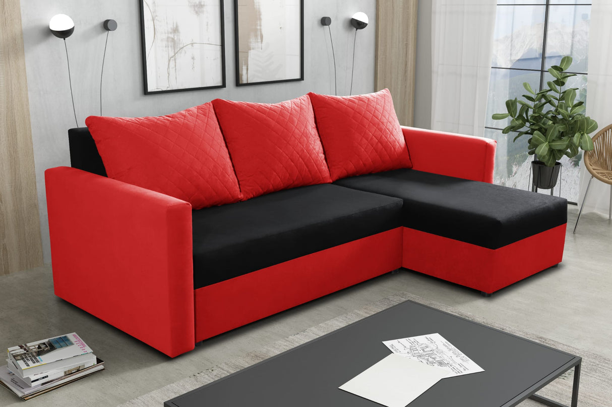 Sofa narożna rozkładana Ken czarno/czerwony 15+22 222cm uniwersalna prawa/lewa narożna / pianka