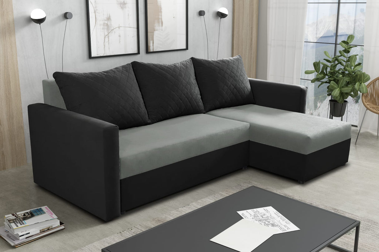 ECKSOFA BETT KEN GRAU/SCHWARZ 14+15 222cm universal RECHTE/LINKE ECKE / SCHAUM