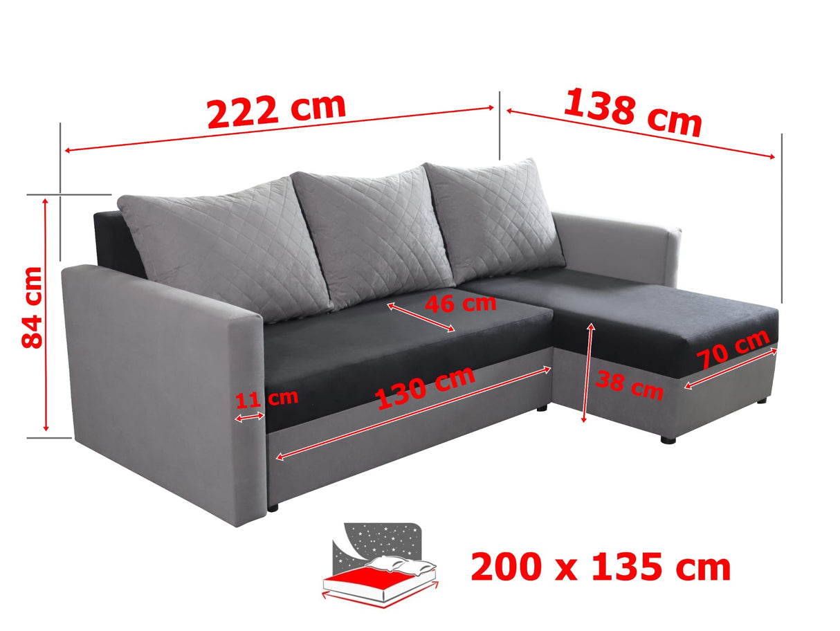 ECKSOFA BETT KEN GRAU/SCHWARZ 14+15 222cm universal RECHTE/LINKE ECKE / SCHAUM