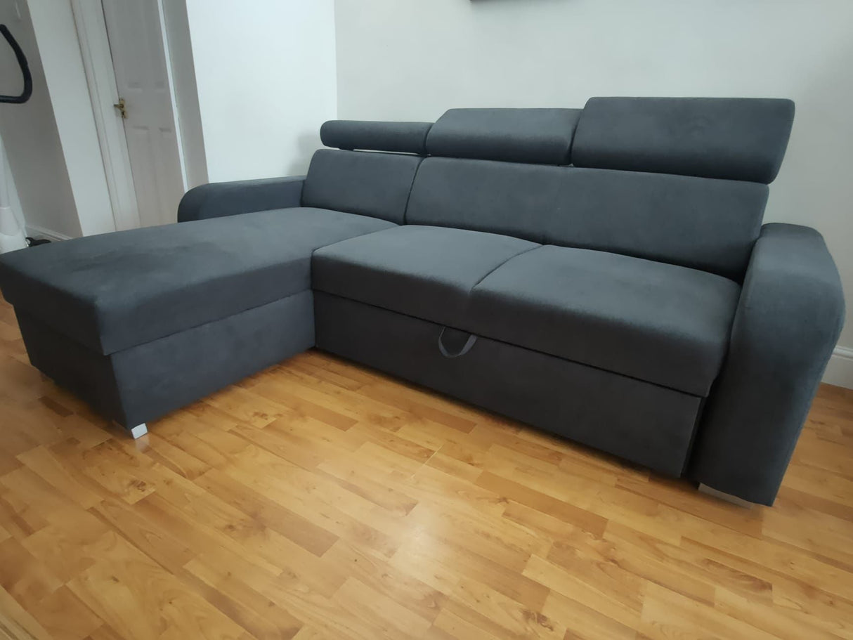 UNIWERSALNA ROZKŁADANA SOFA NAROŻNA ASTEE 235CM ŁATWA W CZYSZCZENIU TKANINA REGULOWANY ZAGŁÓWEK WYBÓR KOLORÓW/SPRĘŻYN + PIANKA