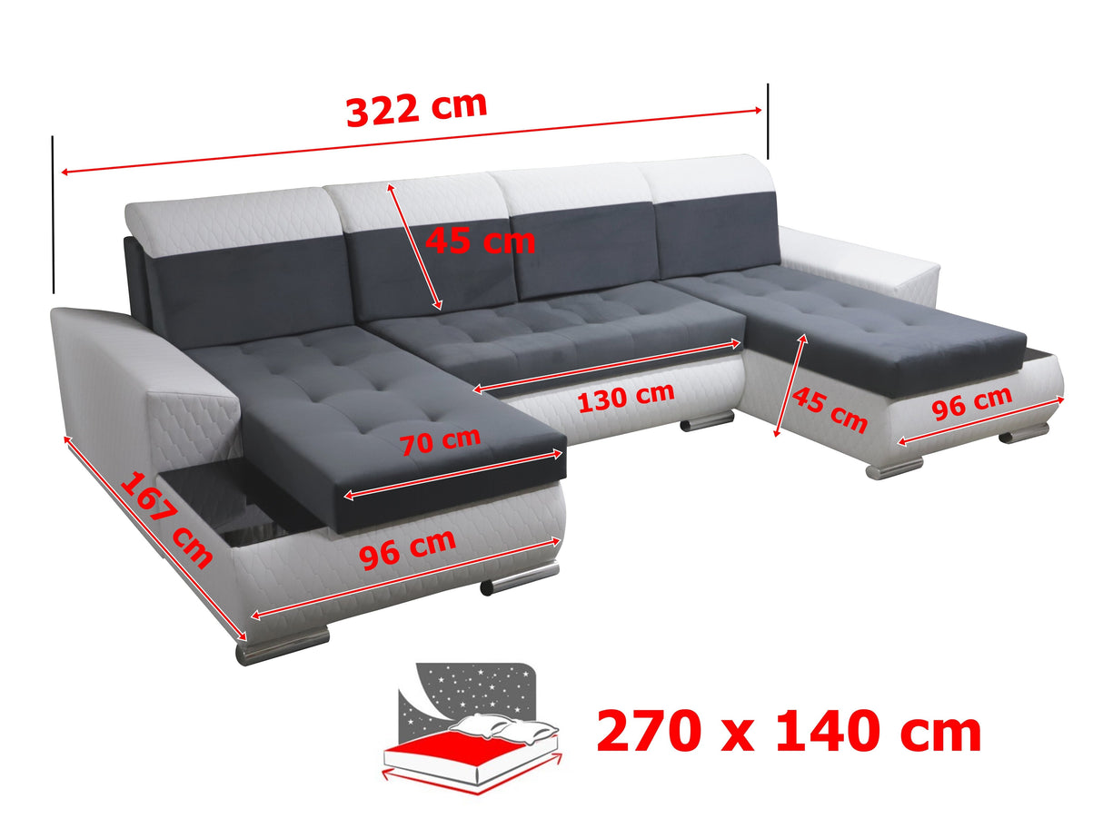 ECKSOFA BETT LONDON U-FORM 2315/1132/60 322CM 3X STAURAUM FLECKENRESISTENTER LEICHT ZU REINIGENDER STOFF / BONELLFEDERN + SCHAUMSTOFF