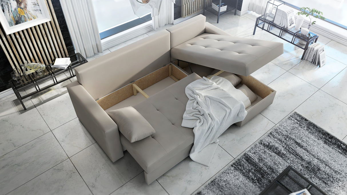 UNIWERSALNA ROZKŁADANA SOFA NAROŻNA LOTUS 229CM ŻÓŁTA KRONOS 01 2X MIEJSCE DO PRZECHOWYWANIA / PIANKA 2X MIEJSCE DO PRZECHOWYWANIA
