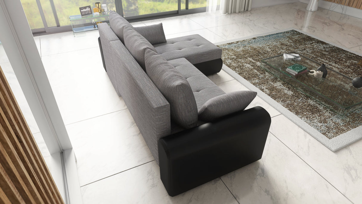 UNIVERZÁLNA ROHOVÁ ROZKLADACIA POHOVKA ECO 240CM ŠEDÁ/ČIERNA UMELÁ KOŽA BERLÍN 01 / MADRID 9100 2X ÚLOŽNÝ PRIESTOR