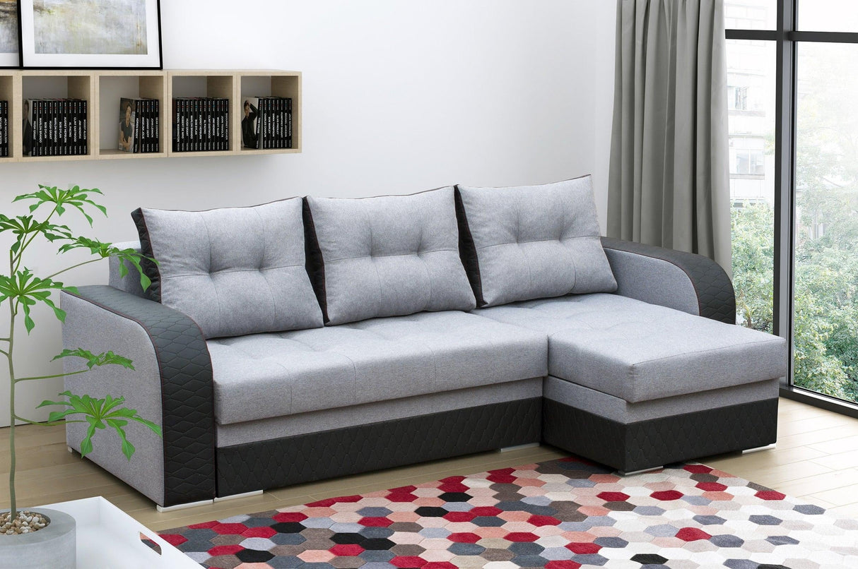 ECKSOFA BETT SAM GRAU/SCHWARZ 236CM 2X STAURAUM UNIVERSAL RECHTE/LINKE ECKE / BONELLFEDERN + SCHAUMSTOFF