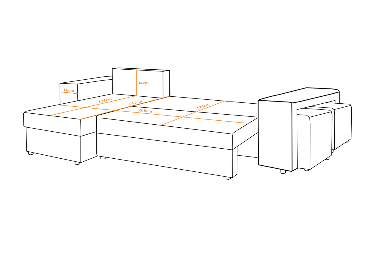 ECKSOFA BETT LEON 255CM 2X STAURAUM UNIVERSALE ECKE RECHTS/LINKS ECKE / BONELLFEDERN + SCHAUMSTOFF