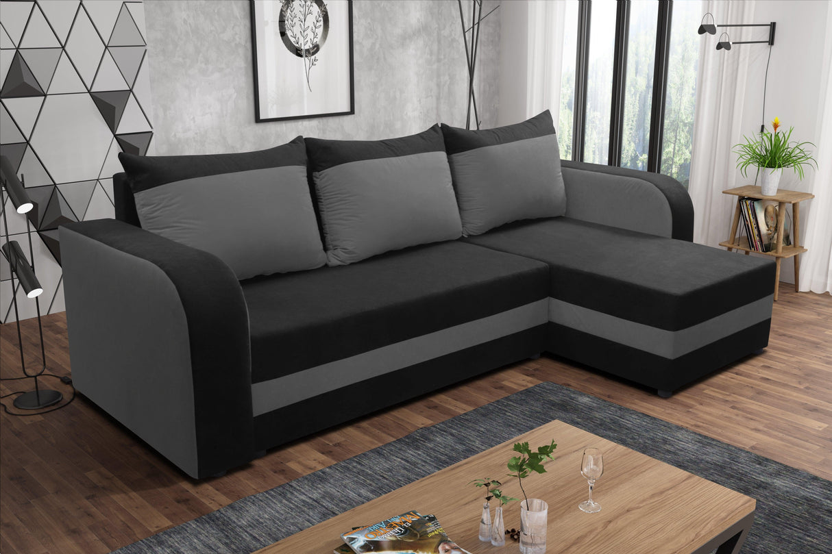 ECKSOFA BETT ALEXA SCHWARZ / DUNKELGRAU 238cm universell RECHTE/LINKE ECKE / SCHAUM