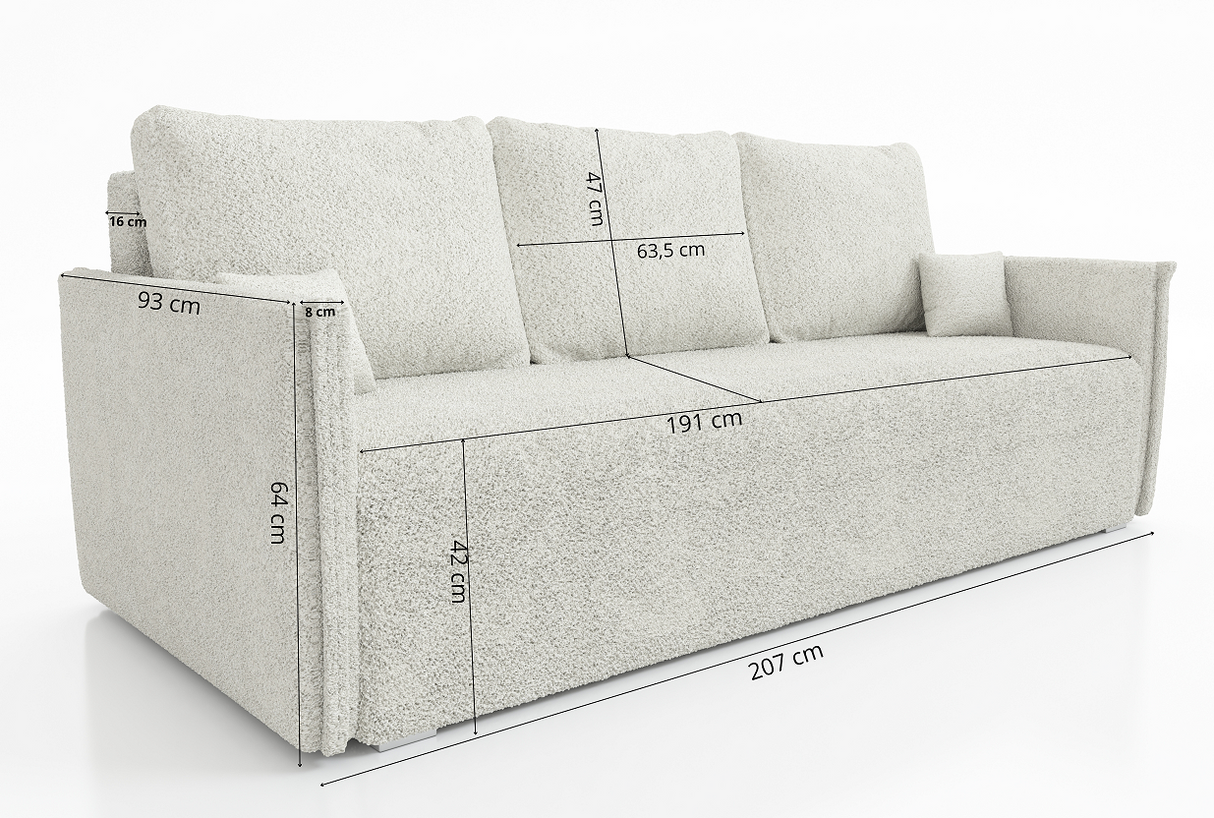 NIEUW! Slaapbank BIANCA 207CM BONELL VEREN + SCHUIM BOUCLE STOF / KLEURKEUZE