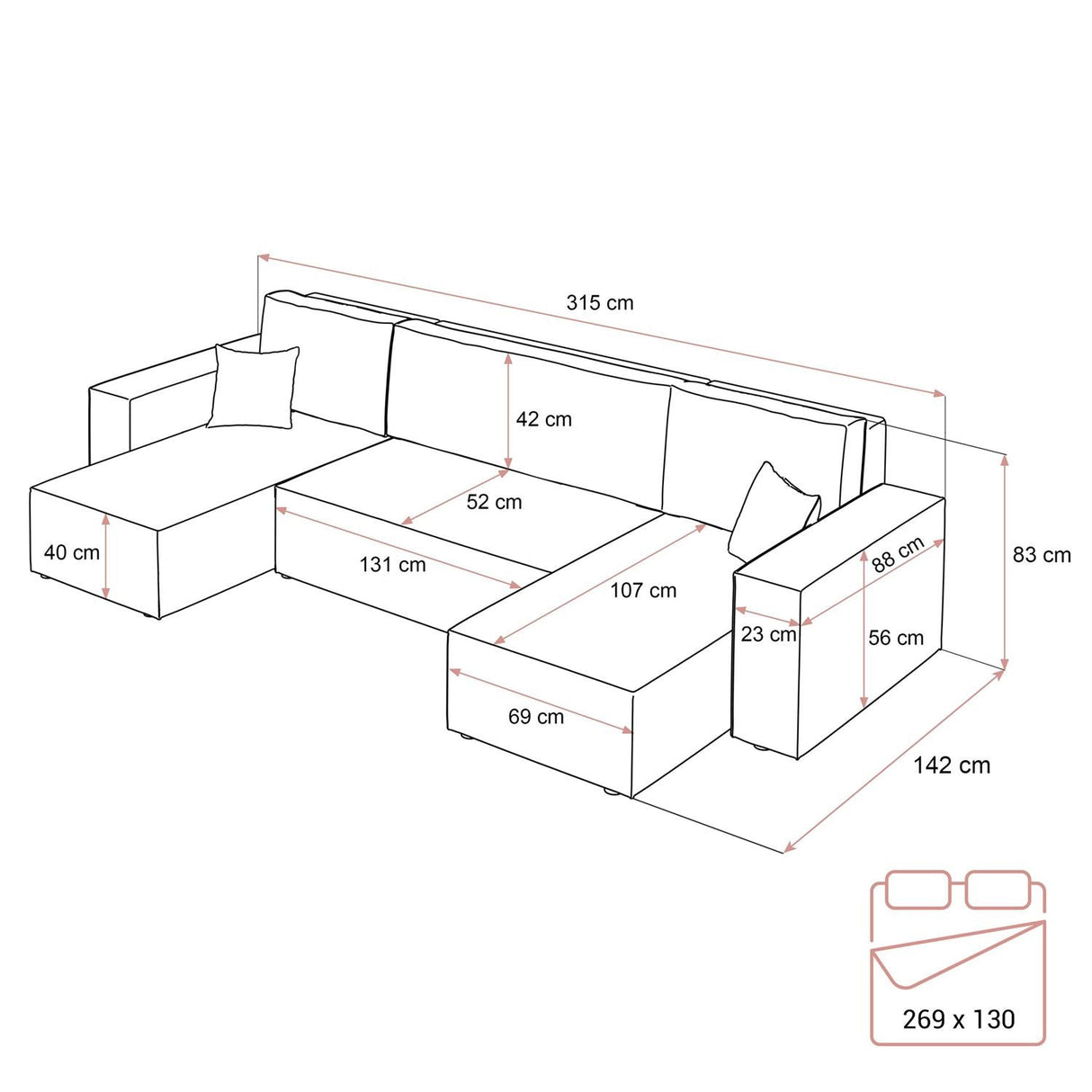 ECKSOFA BETT BERGAMO U 315CM FEDERN + SCHAUM