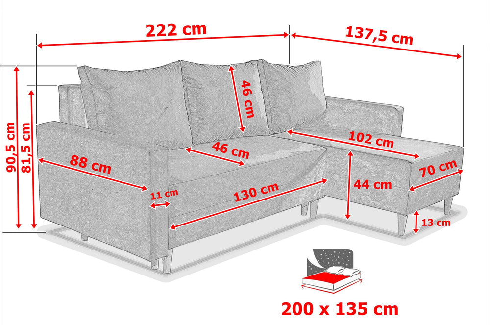 NEU! ECKSOFA BETT SNUGGY 222CM MANILA 35 UNIVERSAL ECKE RECHTS/LINKS / SCHAUMSTOFF
