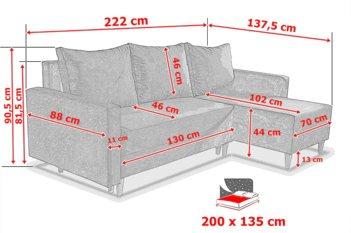 NEU! ECKSOFA BETT SNUGGY 222CM MANILA09 UNIVERSALE ECKE RECHTS/LINKS / SCHAUMSTOFF