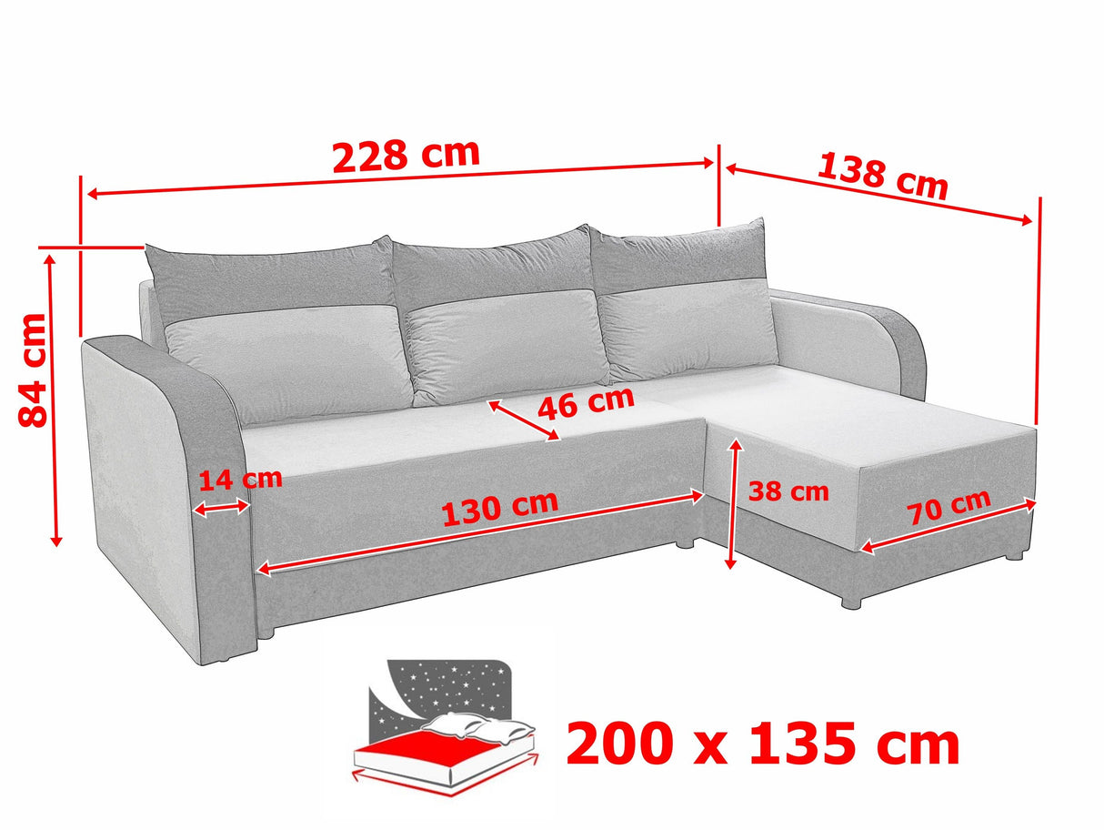 ECKSOFA BETT ALEXIS 228cm universal RECHTE/LINKE ECKE / SCHAUM