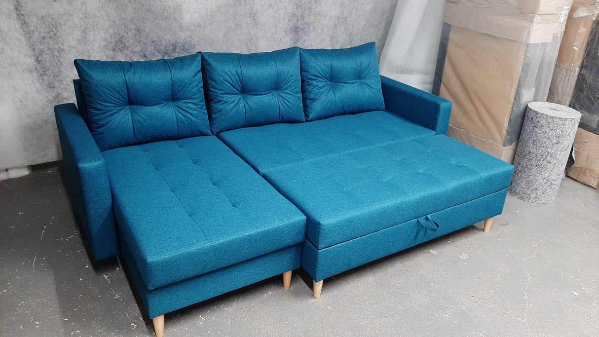 ECKSOFA BETT BRIAN 222CM + STAURAUM HOCKER / OTTOMANE MALMO 95 UNIVERSAL RECHTE/LINKE ECKE / BONELL FEDERN + SCHAUMSTOFF