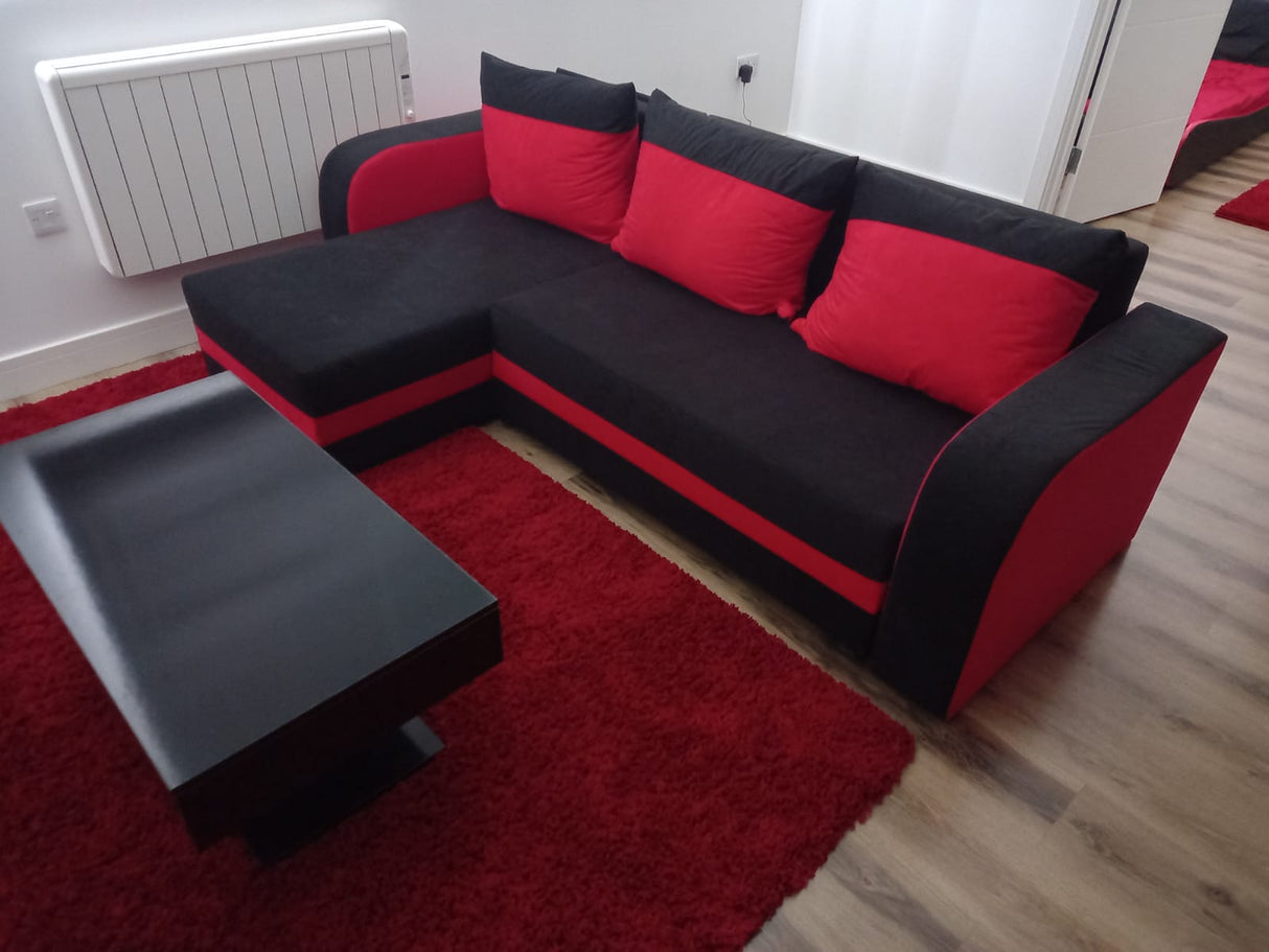 ECKSOFA BETT ALEXA SCHWARZ / ROT 238cm universal RECHTE/LINKE ECKE / SCHAUM