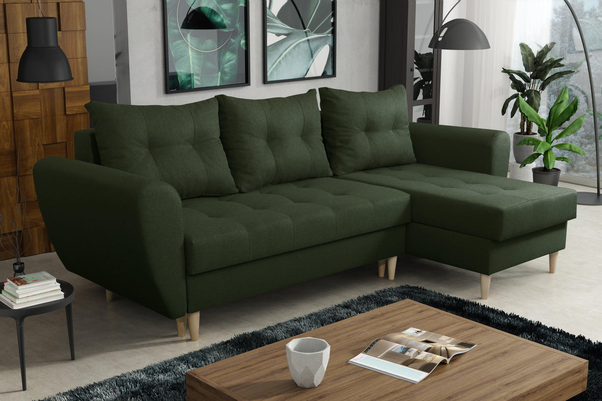 ECKSOFA BETT PALMO 2X STAURAUM GRÜN MALMÖ 37 240cm universal RECHTE/LINKE ECKE / BONELLFEDERN + SCHAUMSTOFF