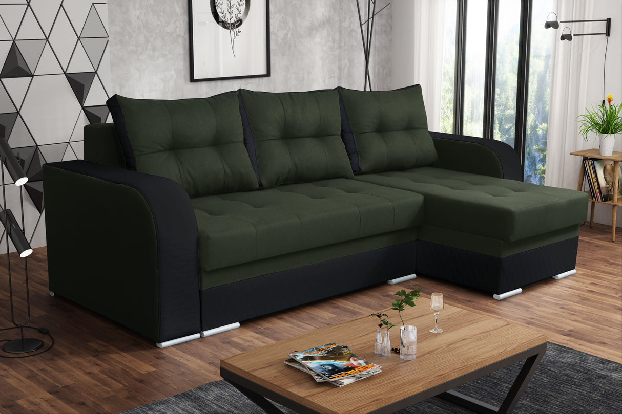 ECKSOFA BETT SAM GRÜN MALMÖ 37 / SCHWARZ 236CM 2X STAURAUM universal RECHTE/LINKE ECKE / BONELLFEDERN + SCHAUMSTOFF