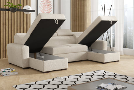 ECKSOFA BETT LAMBI U-FORM BOUCLÉ-STOFF VERSTELLBARE KOPFSTÜTZE 2X STAURAUM *FARBAUSWAHL* / FEDERN + SCHAUM