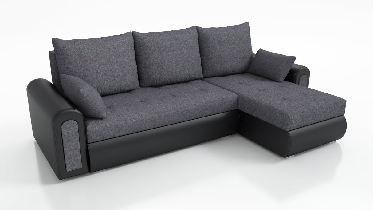 UNIVERSAL ECKSOFA BETT ECO 240CM GRAU / SCHWARZ KUNSTLEDER SAWANA 05 / MADRYT 9100 2X STAURAUM