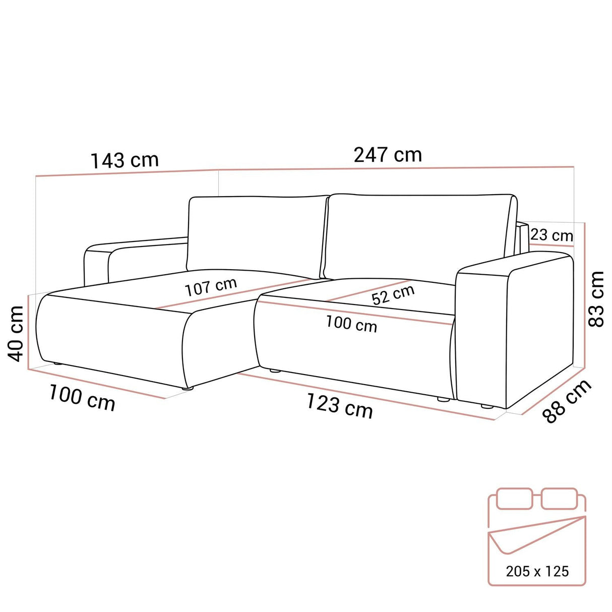 ECKSOFA BETT OPTI 247CM FEDERN + SCHAUM