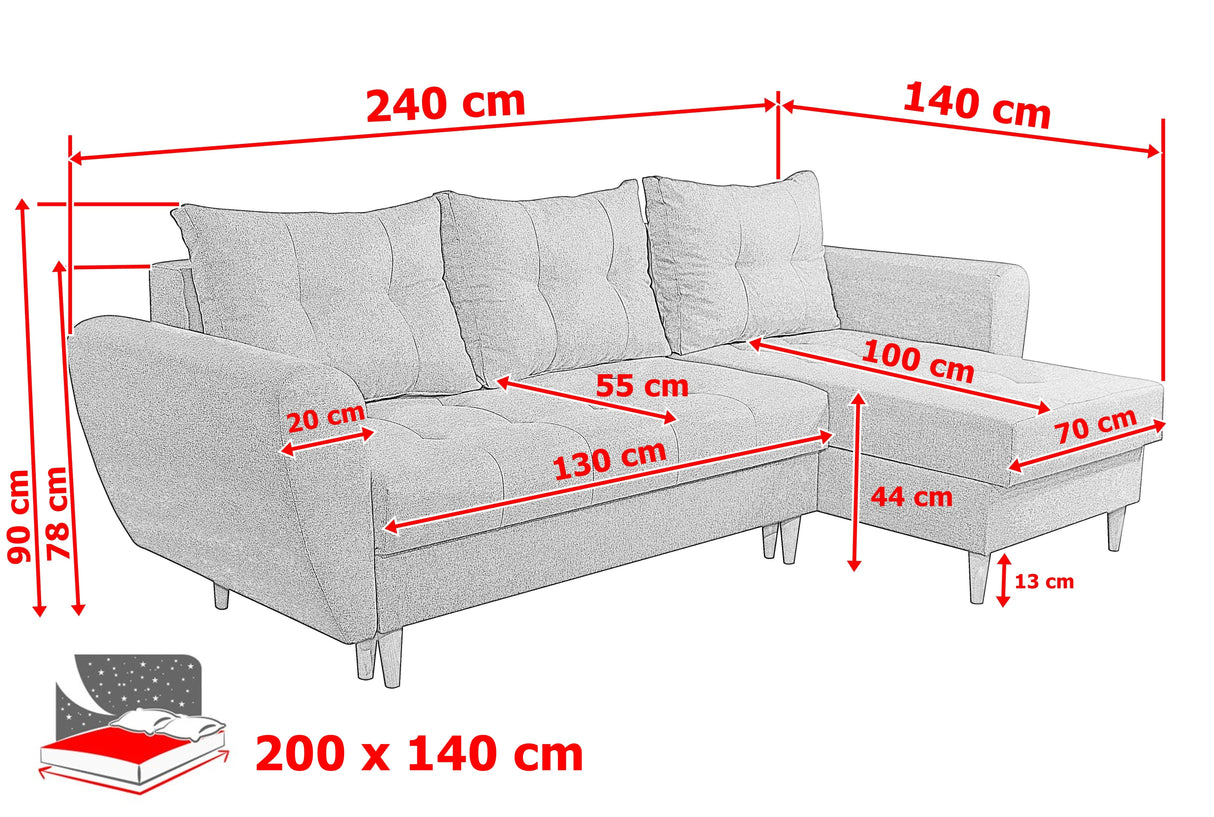 ECKSOFA BETT PALMO 2X STAURAUM GRÜN MALMÖ 37 240cm universal RECHTE/LINKE ECKE / BONELLFEDERN + SCHAUMSTOFF