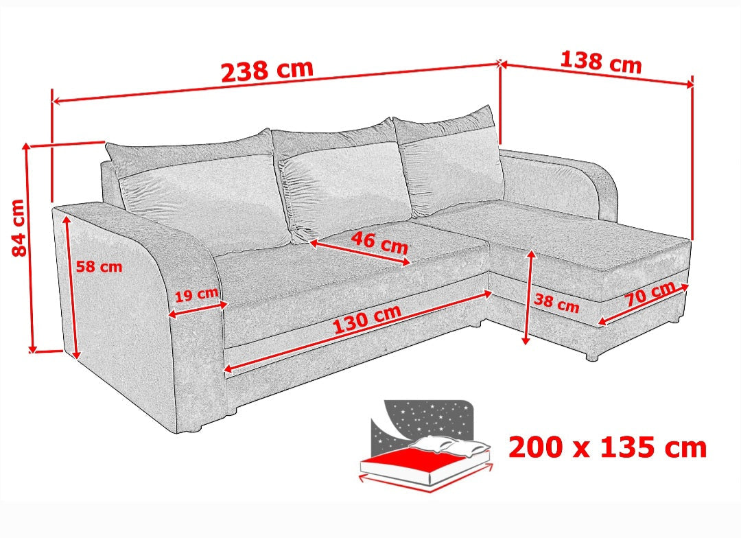 ECKSOFA BETT ALEXA ROT/SCHWARZ 238cm universal RECHTE/LINKE ECKE / SCHAUM