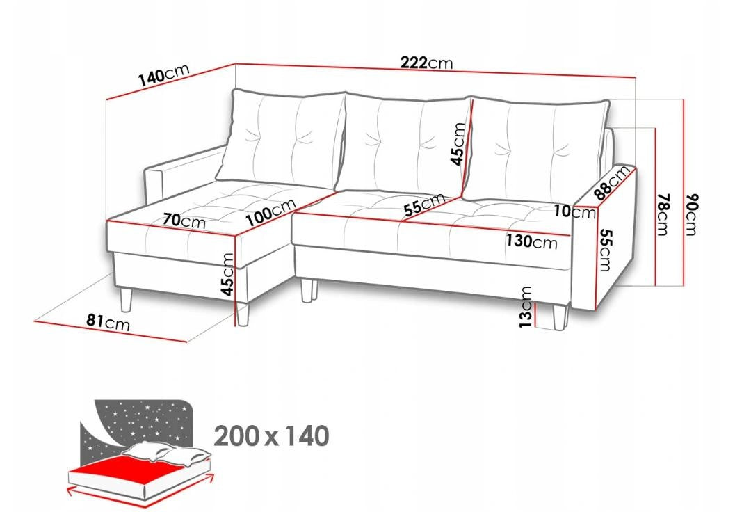 ECKSOFA BETT BRIAN 222x140CM 2X STAURAUM  Universal  ECKE RECHTS/LINKS  / BONELLFEDERN + SCHAUMSTOFF