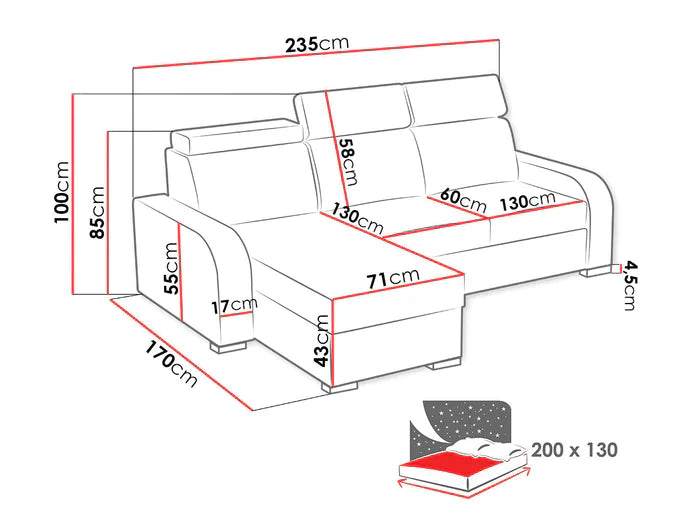 UNIVERSAL CORNER SOFA BED ASTEE 235CM ASTI19 EASY CLEAN FABRIC ADJUSTABLE HEADREST / SPRINGS + FOAM