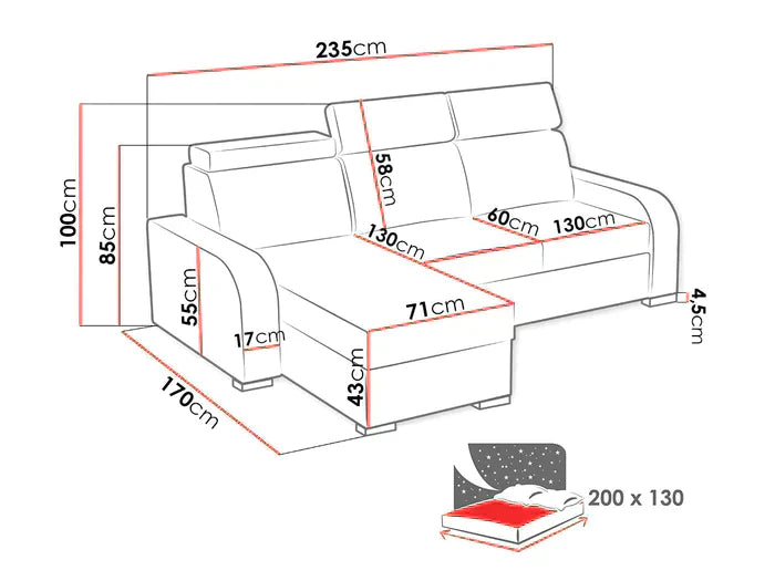 UNIVERSAL CORNER SOFA BED ASTEE 235CM ASTI2 EASY CLEAN FABRIC ADJUSTABLE HEADREST / SPRINGS + FOAM