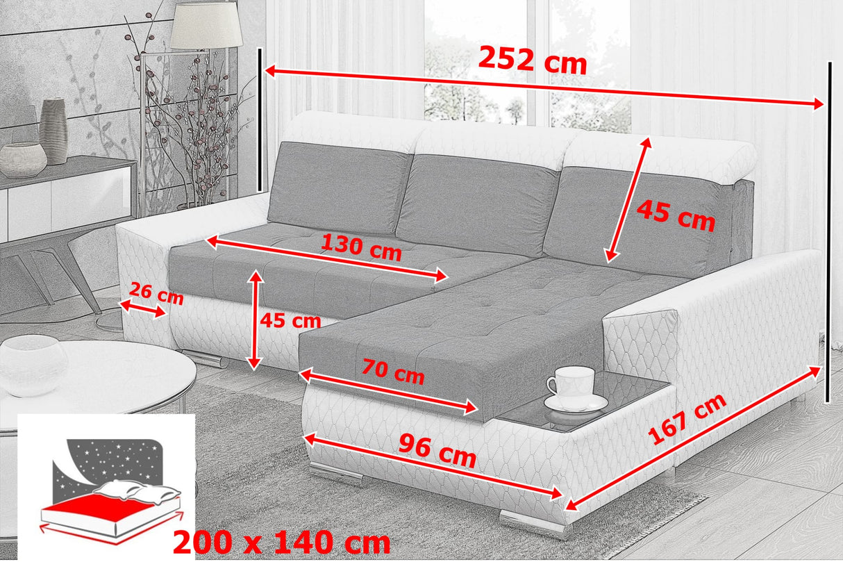 ECKSOFA BETT LONDON 2315/W53 252CM 2X STAURAUM FLECKENBESTÄNDIGER LEICHT ZU REINIGENDER STOFF / BONELLFEDERN + SCHAUMSTOFF