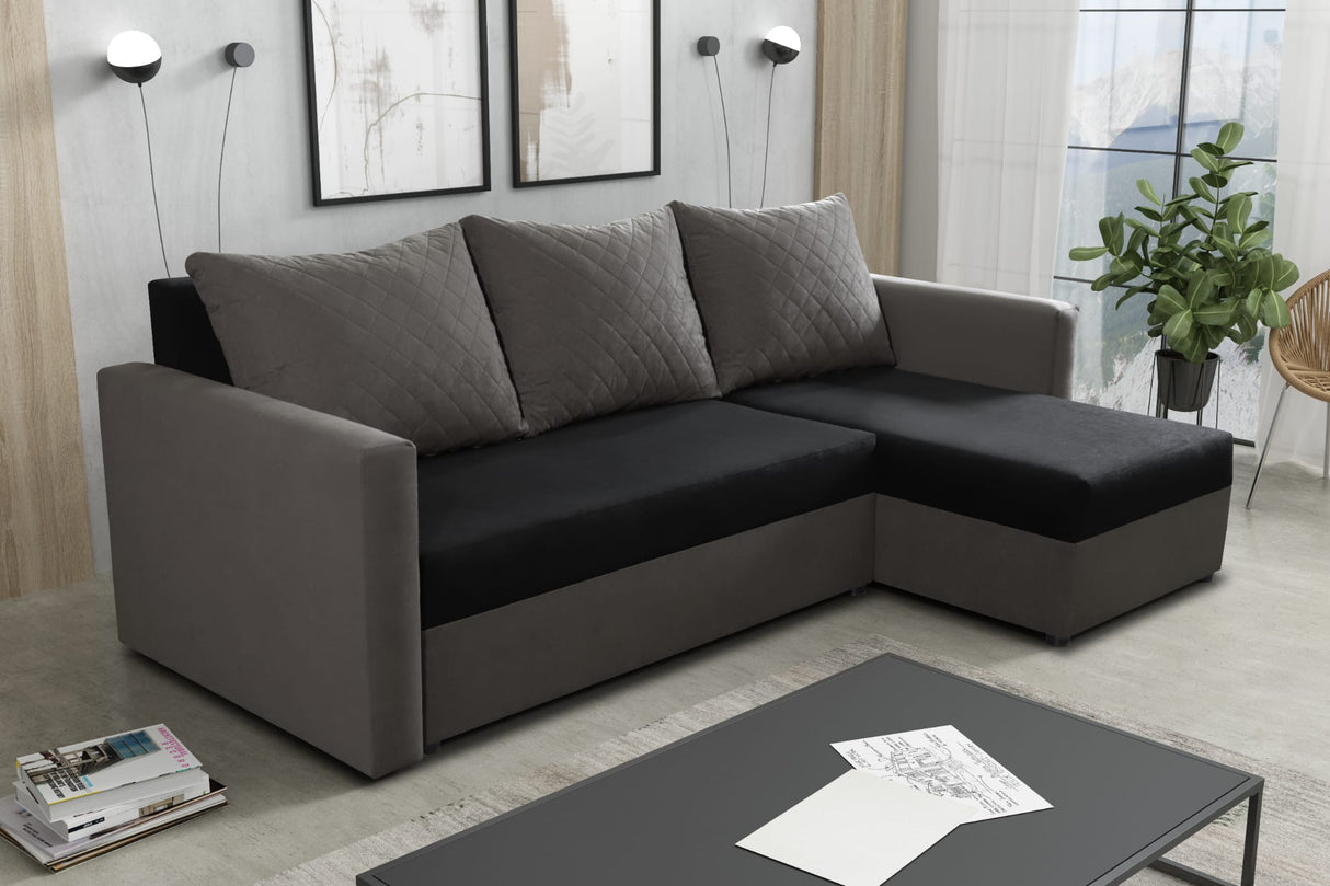 ECKSOFA BETT KEN SCHWARZ/DUNKELGRAU 15+27 222cm universell RECHTE/LINKE ECKE / SCHAUM