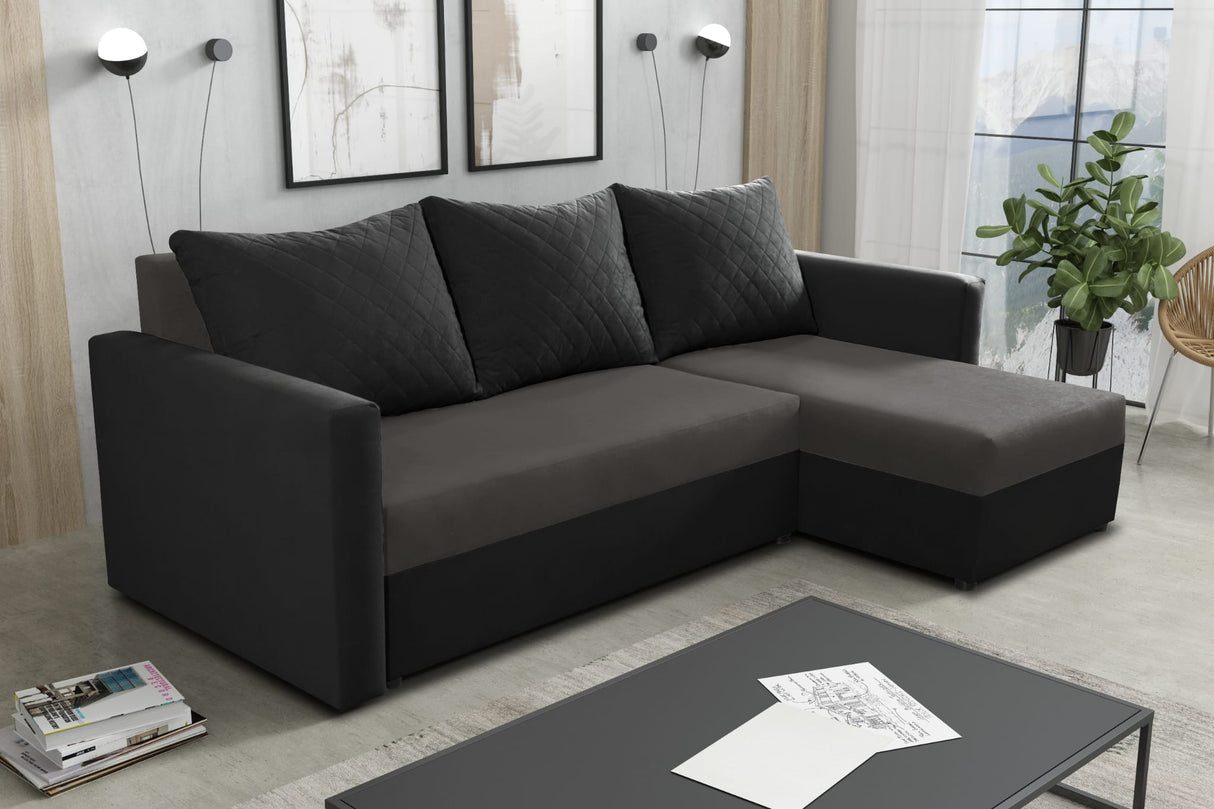 ECKSOFA BETT KEN DUNKELGRAU/SCHWARZ 27+15 222cm universell RECHTE/LINKE ECKE / SCHAUM