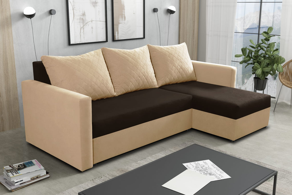ECKSOFA BETT KEN BRAUN/BEIGE 41+5 222cm universal RECHTE/LINKE ECKE / SCHAUMSTOFF