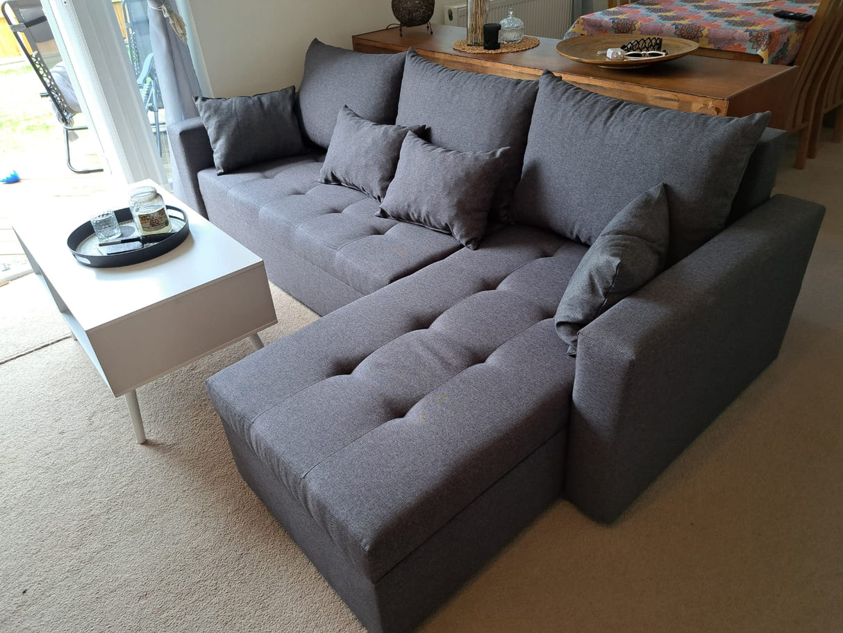 UNIWERSALNA ROZKŁADANA SOFA NAROŻNA LOTUS 229CM SZARA SAWANA 05 2X MIEJSCE DO PRZECHOWYWANIA / PIANKA 2X MIEJSCE DO PRZECHOWYWANIA