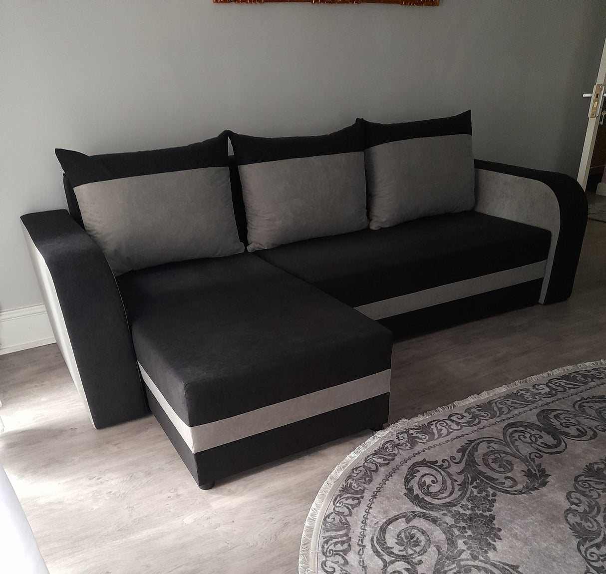 ECKSOFA BETT ALEXA SCHWARZ / DUNKELGRAU 238cm universell RECHTE/LINKE ECKE / SCHAUM