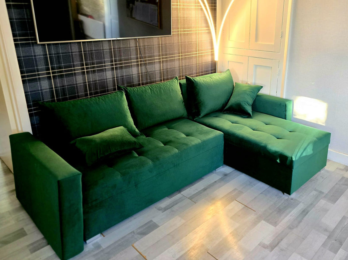 UNIWERSALNA ROZKŁADANA SOFA NAROŻNA LOTUS 229CM ZIELONA KRONOS 19 2X MIEJSCE DO PRZECHOWYWANIA / PIANKA 2X MIEJSCE DO PRZECHOWYWANIA