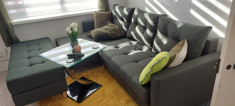 ECKSOFA BETT BRIAN 222CM + STAURAUM HOCKER / OTTOMANE FARBAUSWAHL UNIVERSAL RECHTE/LINKE ECKE / BONELL FEDERN + SCHAUMSTOFF