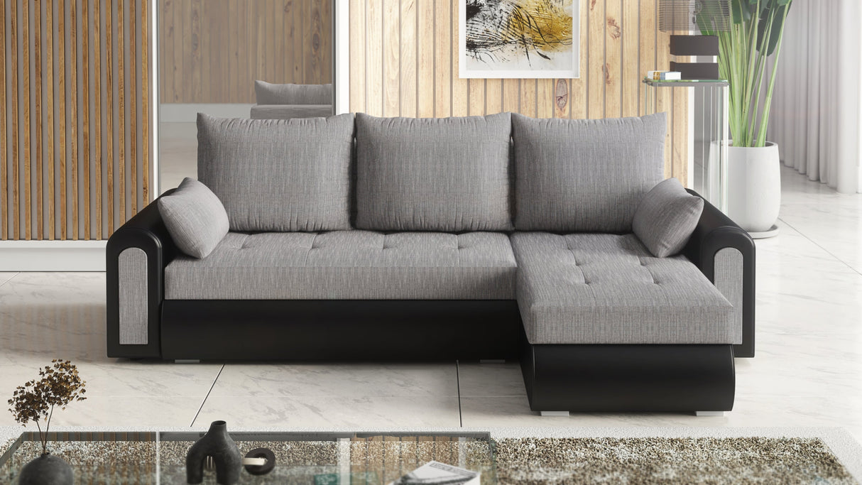 UNIVERSAL ECKSOFA BETT ECO 240CM GRAU/SCHWARZ KUNSTLEDER BERLIN 01 / MADRYT 9100 2X STAURAUM